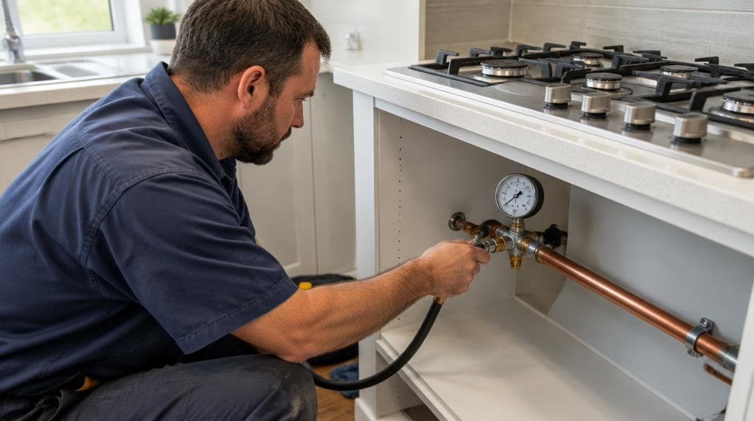 Licensed gas fitter testing a gas cooktop connection