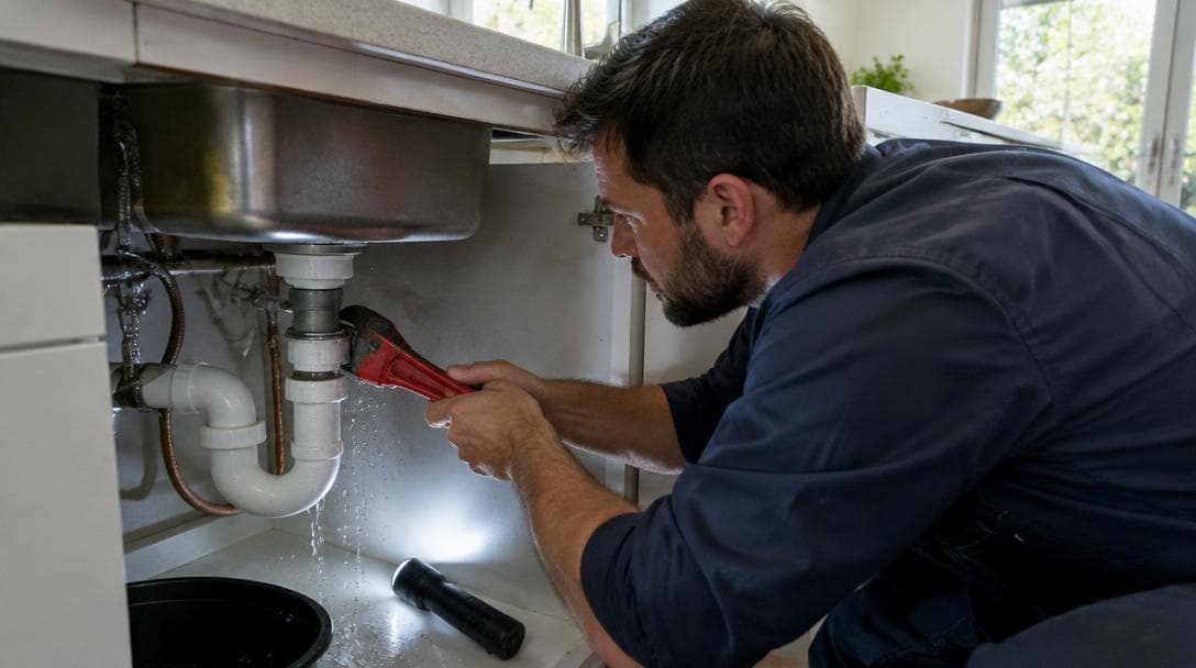 Plumber fixing a leaking pipe under a kitchen sink