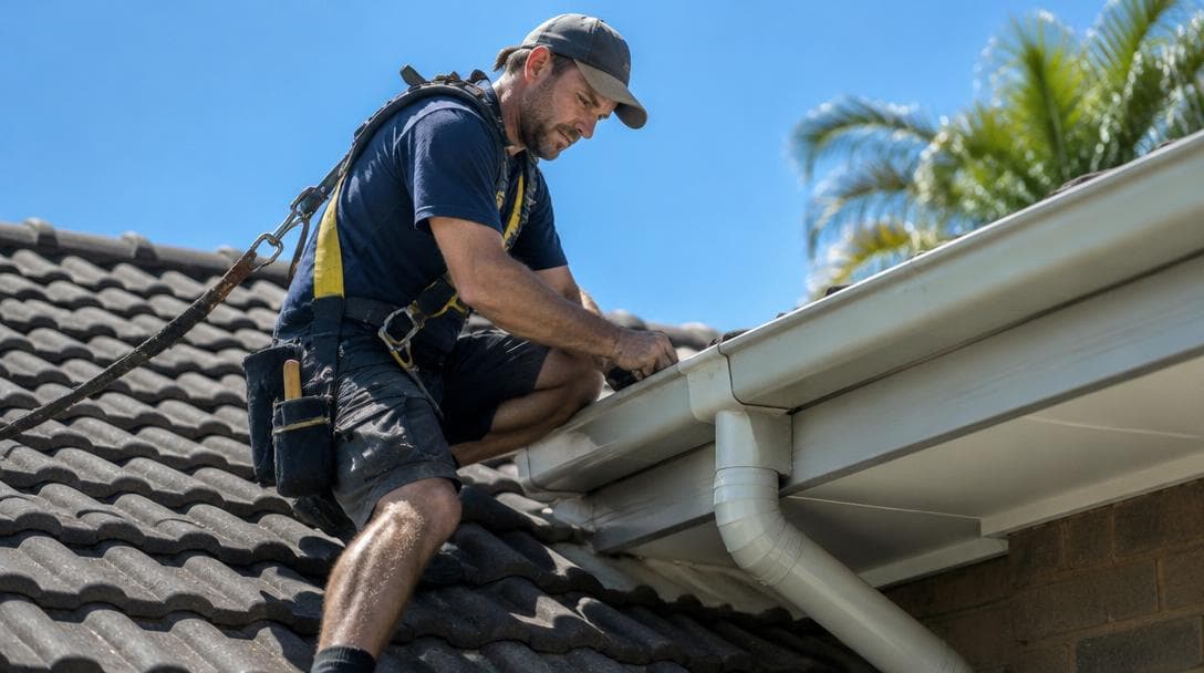 Roof plumber repairing guttering on a tiled roof