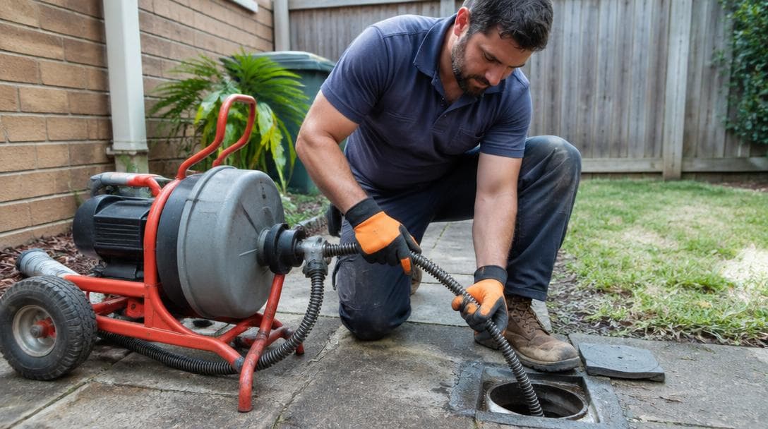 Plumber clearing a blocked drain with an auger machine