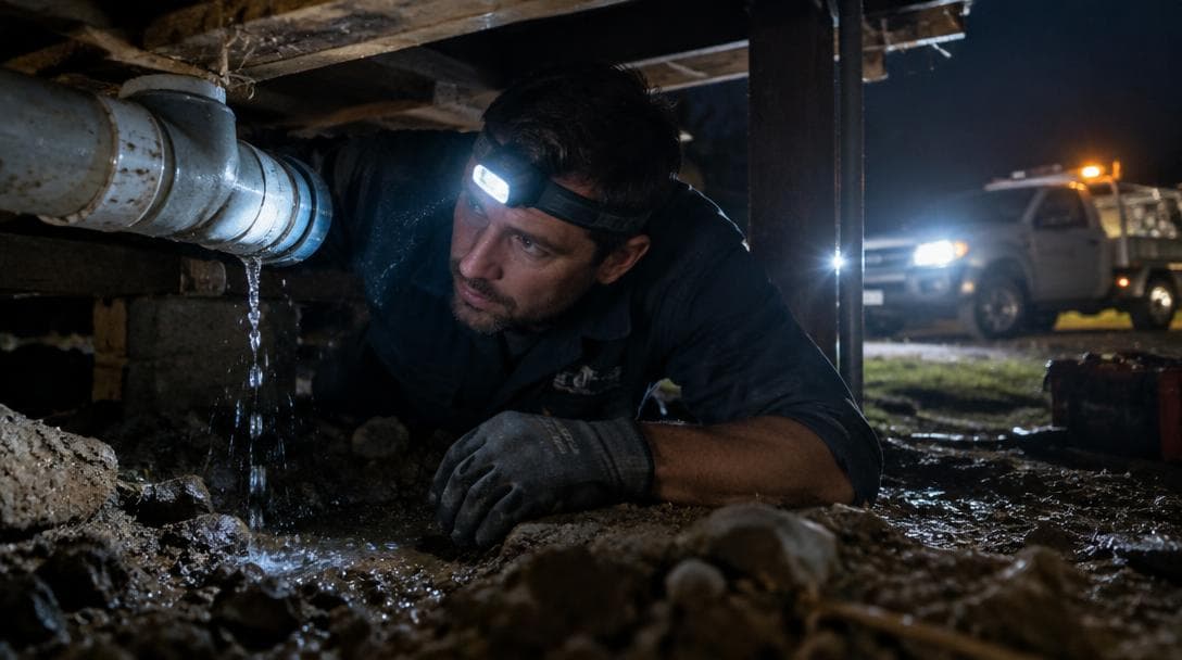 Plumber inspecting a leaking pipe under a house at night