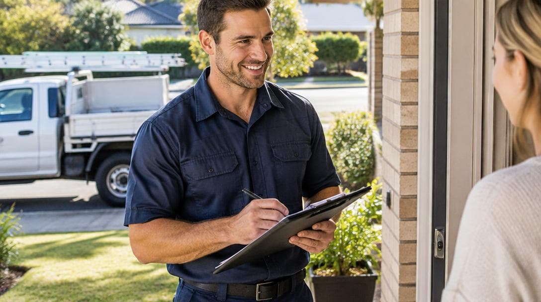 Joshua writing up an upfront quote at a customer's front door