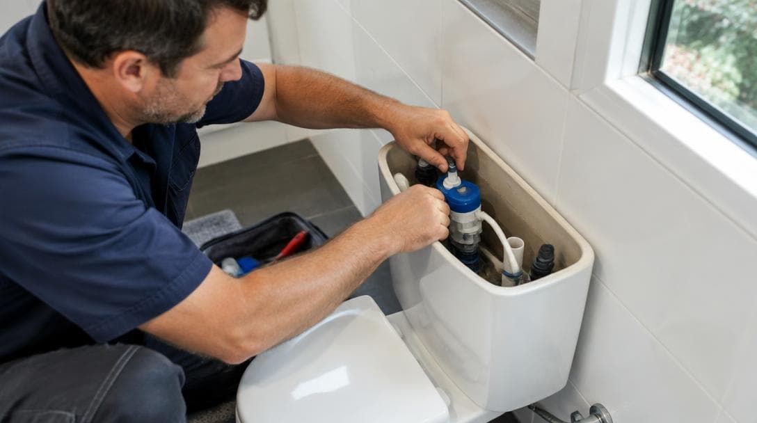 Plumber repairing a toilet cistern in a Western Sydney bathroom